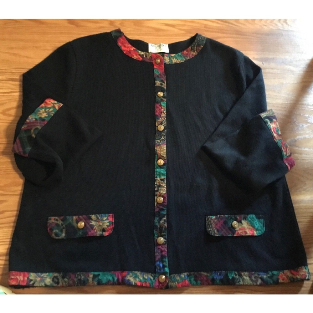 Vintage Alfred Dunner Black Women's Cardigan with Multicolor Trim USA Sz 42/22W